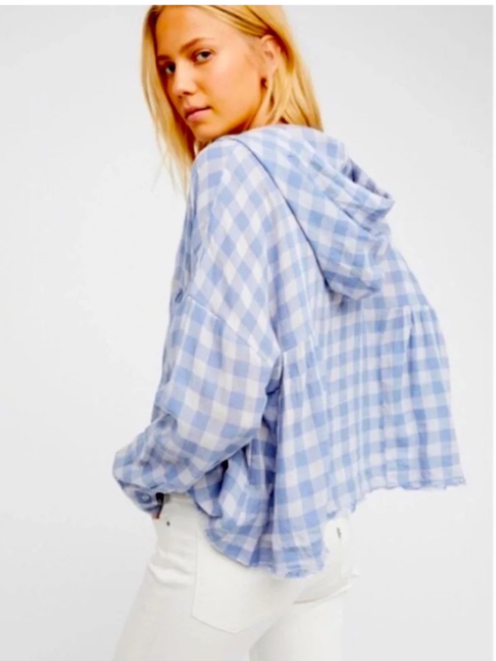 Free People Hooded Let It All Go Plaid gingham oversized blue white Top EUC SM